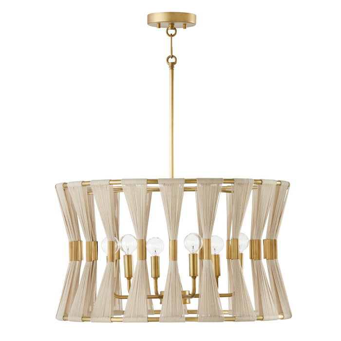Capital Lighting 341161NP Six Light Pendant, Bleached Natural Rope and Patinaed Brass