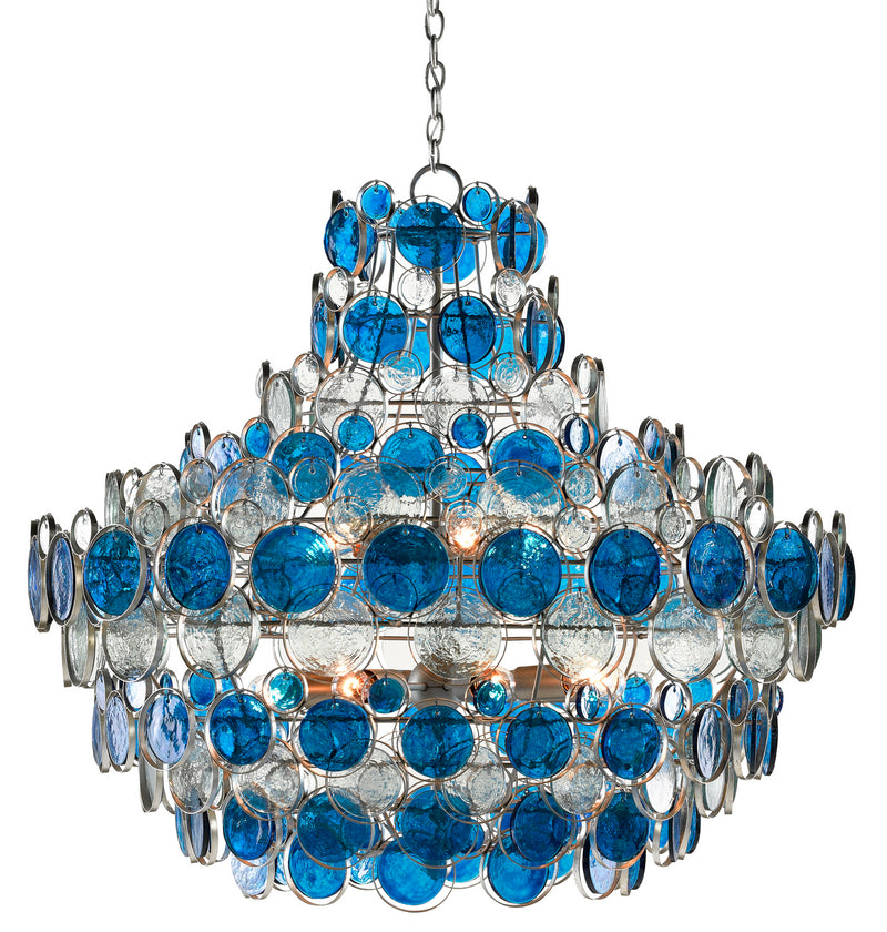 Currey and Company 9000-0723 12 Light Chandelier, Contemporary Silver Leaf/Painted Silver/Blue
