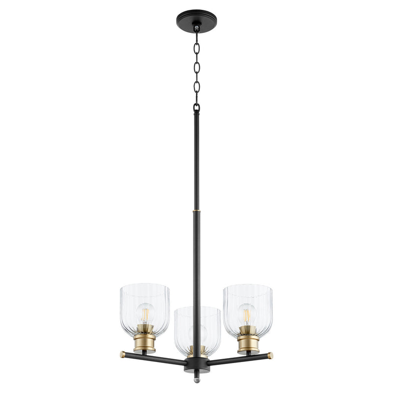 Quorum 610-3-6980 Three Light Chandelier, Textured Black w/ Aged Brass