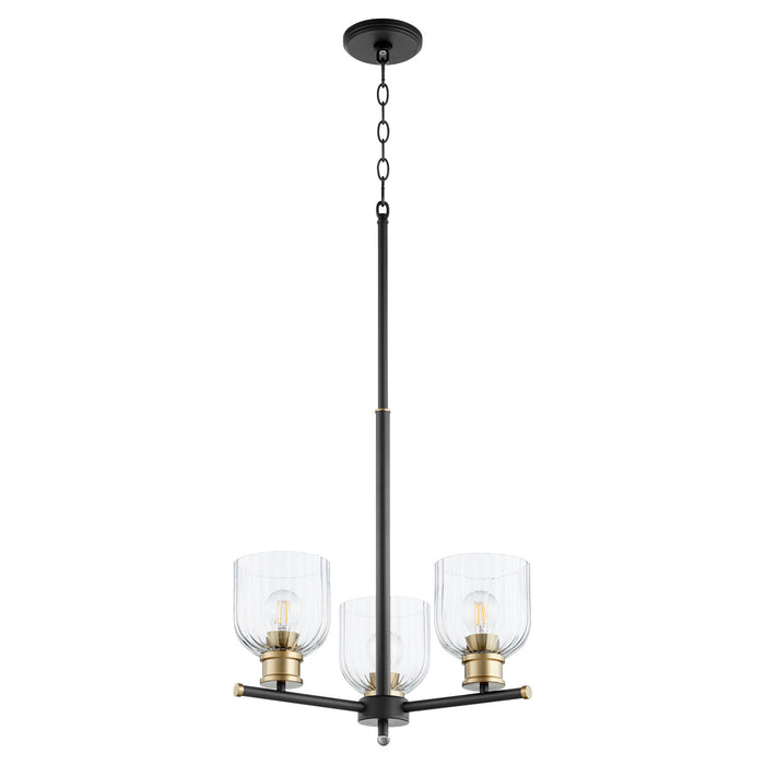 Quorum 610-3-6980 Three Light Chandelier, Textured Black w/ Aged Brass