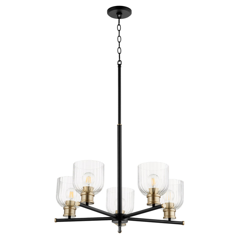 Quorum 610-5-6980 Five Light Chandelier, Textured Black w/ Aged Brass
