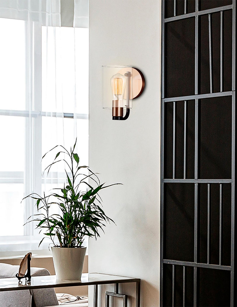 Justice Designs FSN-8081-CLER-MBBR One Light Wall Sconce, Matte Black w/ Brass