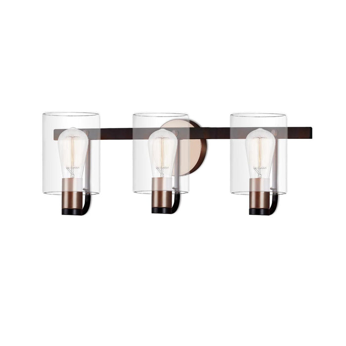 Justice Designs FSN-8083-CLER-MBBR Three Light Bath Bar, Matte Black w/ Brass