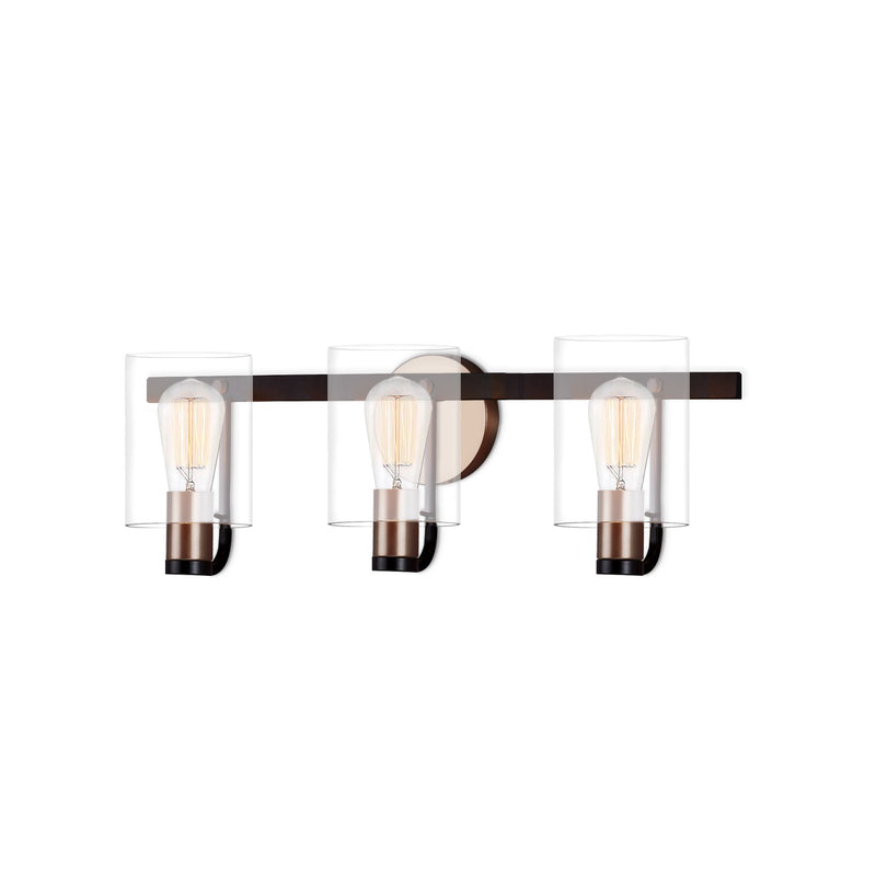 Justice Designs FSN-8083-CLER-MBBR Three Light Bath Bar, Matte Black w/ Brass