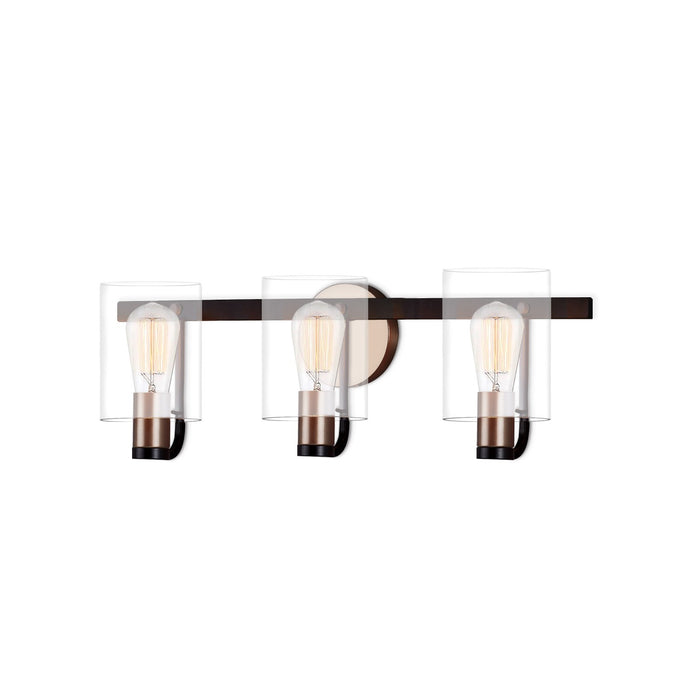 Justice Designs FSN-8083-CLER-MBBR Three Light Bath Bar, Matte Black w/ Brass