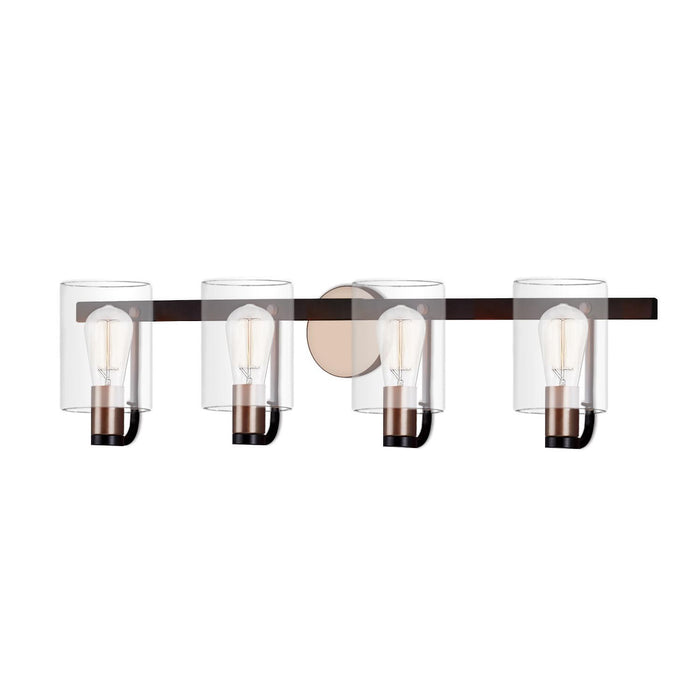 Justice Designs FSN-8084-CLER-MBBR Four Light Bath Bar, Matte Black w/ Brass