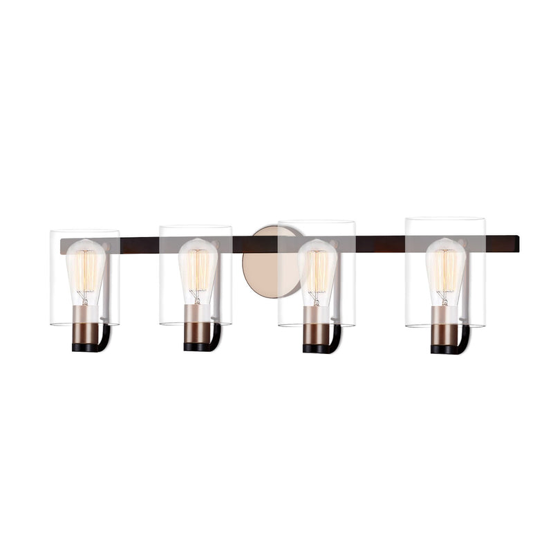 Justice Designs FSN-8084-CLER-MBBR Four Light Bath Bar, Matte Black w/ Brass
