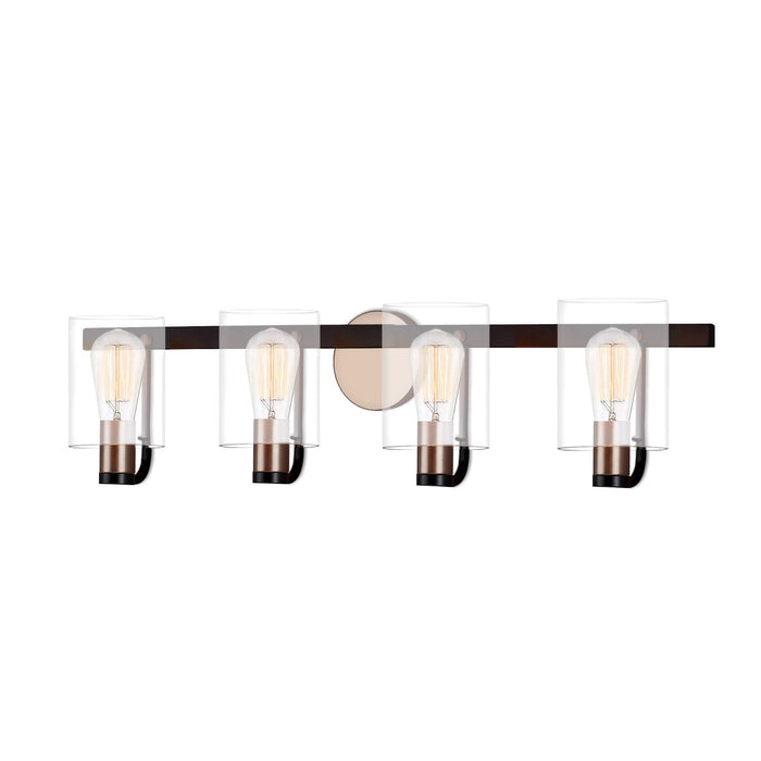 Justice Designs FSN-8084-CLER-MBBR Four Light Bath Bar, Matte Black w/ Brass
