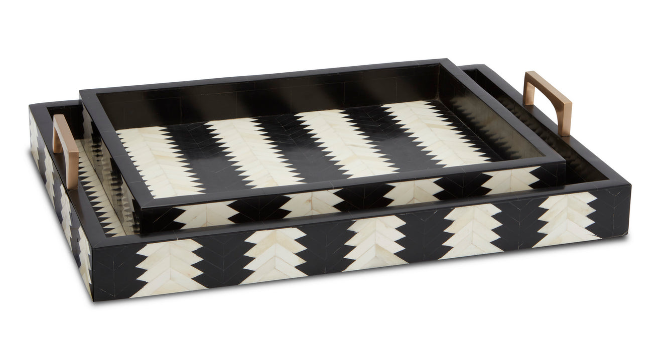 Currey and Company 1200-0451 Tray Set of 2, Black/White/Natural/Brass