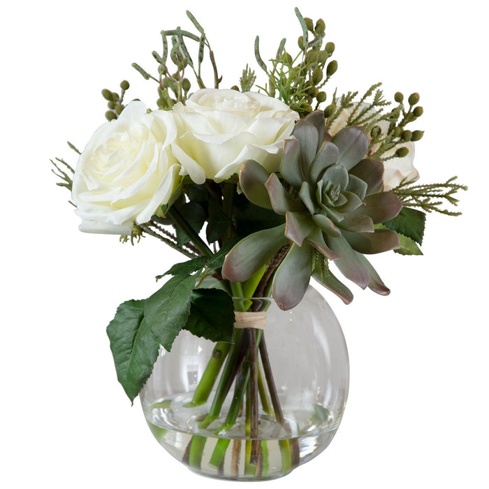 Uttermost 60182 Floral Bouquet & Vase, Berries, Greenery, Seed Pods, Succulents And Cream Roses In A Clear