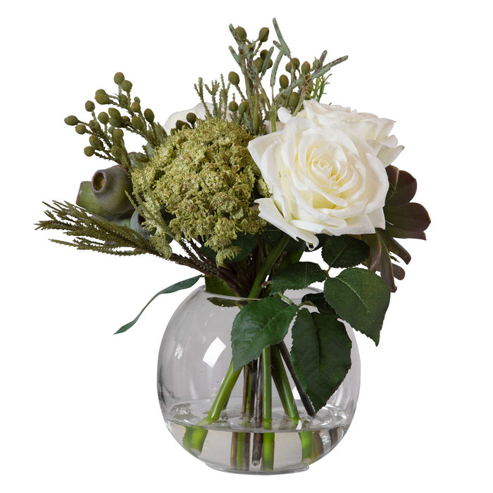 Uttermost 60182 Floral Bouquet & Vase, Berries, Greenery, Seed Pods, Succulents And Cream Roses In A Clear