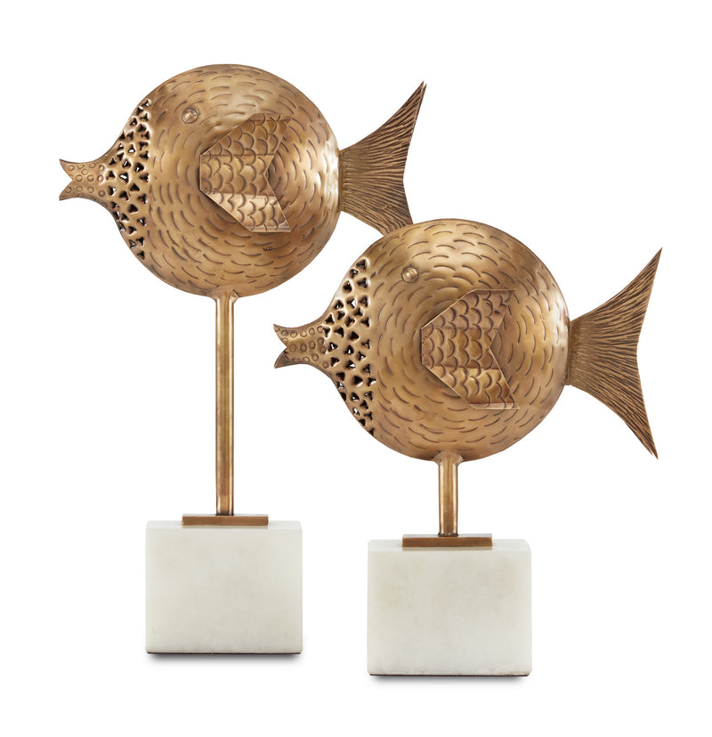 Currey and Company 1200-0513 Fish Set of 2, Antique Brass/White