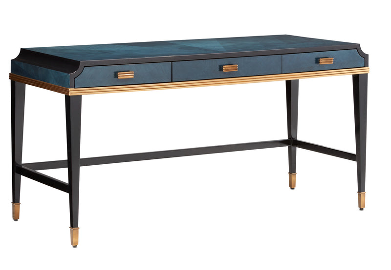 Currey and Company 3000-0208 Desk, Dark Sapphire/Caviar Black/Antique Brass