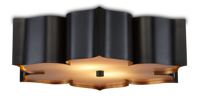 Currey and Company 9999-0060 Two Light Flush Mount, Satin Black /Contemporary Gold