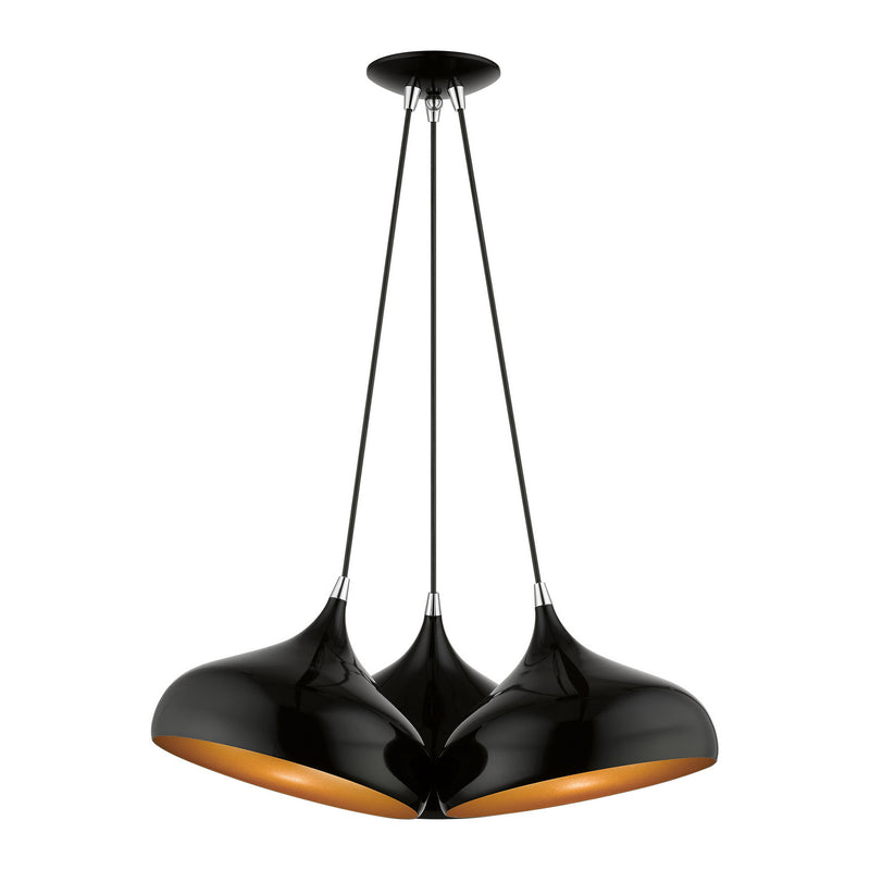 Livex Lighting 41053-68 Three Light Pendant, Shiny Black w/ Polished Chromes