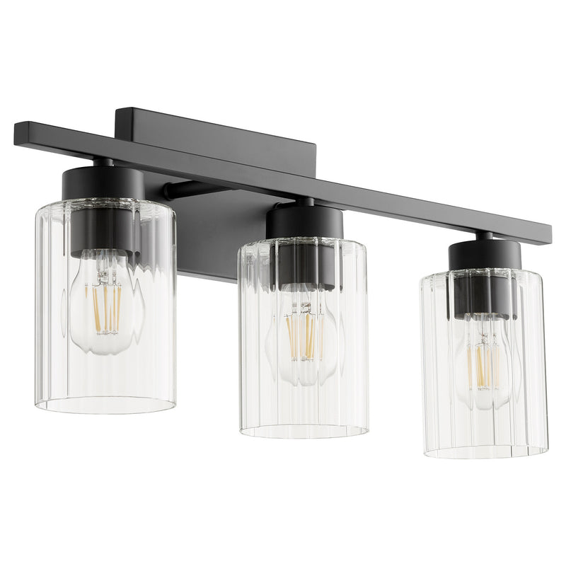 Quorum 501-3-69 Three Light Vanity, Textured Black w/ Clear Fluted Glass