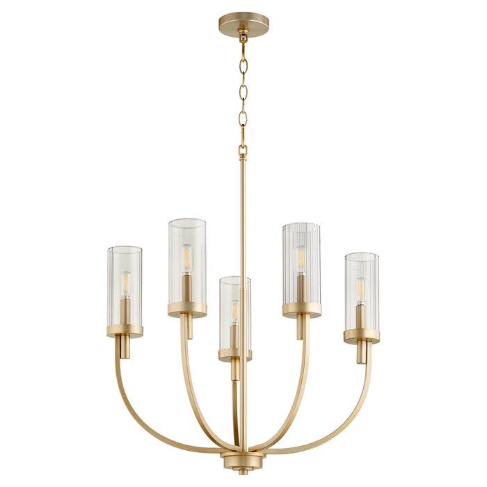 Quorum 601-5-80 Five Light Chandelier, Aged Brass w/ Smoke Fluted Glass