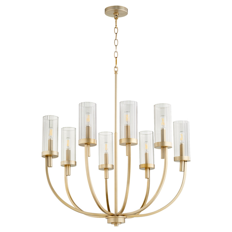 Quorum 601-8-80 Eight Light Chandelier, Aged Brass w/ Smoke Fluted Glass