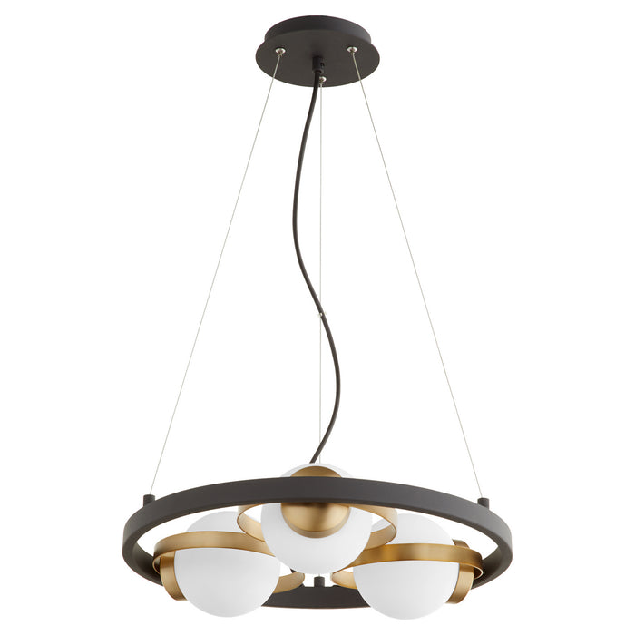 Quorum 606-3-6980 Three Light Chandelier, Textured Black w/ Aged Brass