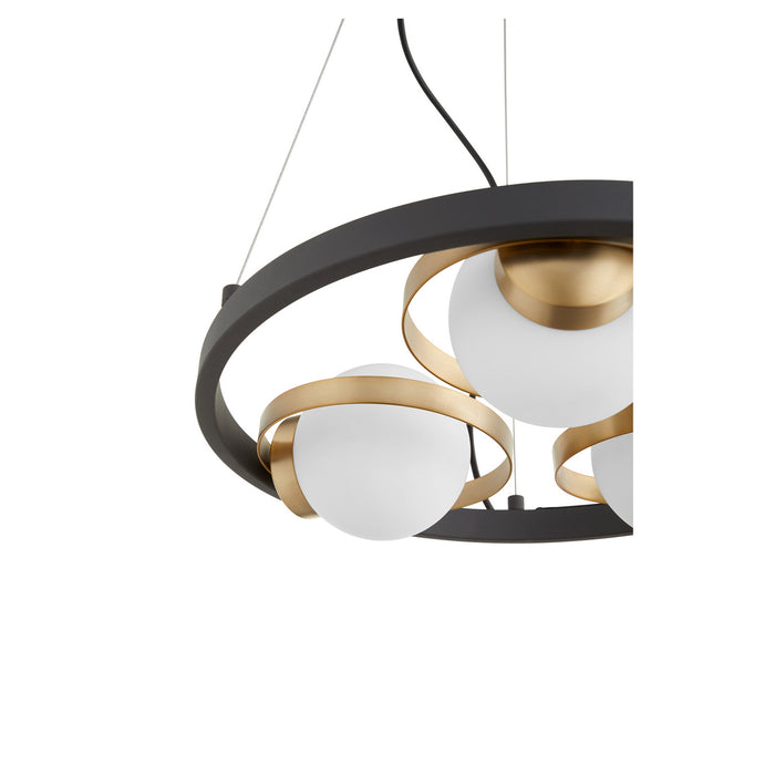 Quorum 606-3-6980 Three Light Chandelier, Textured Black w/ Aged Brass