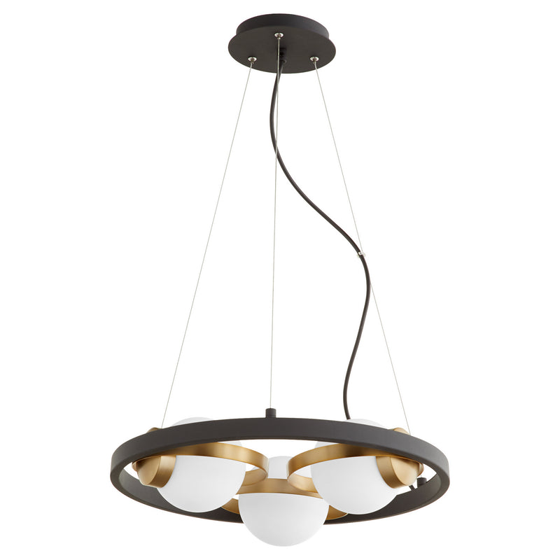 Quorum 606-3-6980 Three Light Chandelier, Textured Black w/ Aged Brass