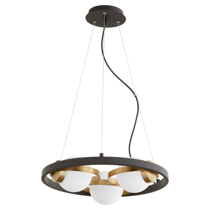 Quorum 606-3-6980 Three Light Chandelier, Textured Black w/ Aged Brass