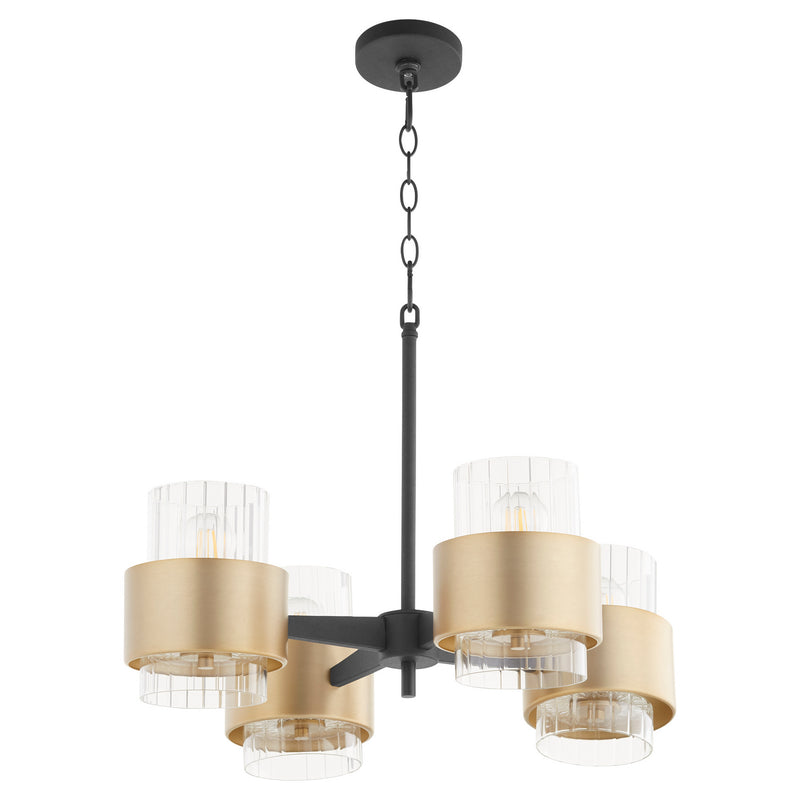 Quorum 683-4-6980 Four Light Chandelier, Textured Black w/ Aged Brass