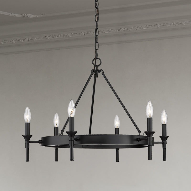 Golden 1020-6 BLK Six Light Chandelier, Matte Black