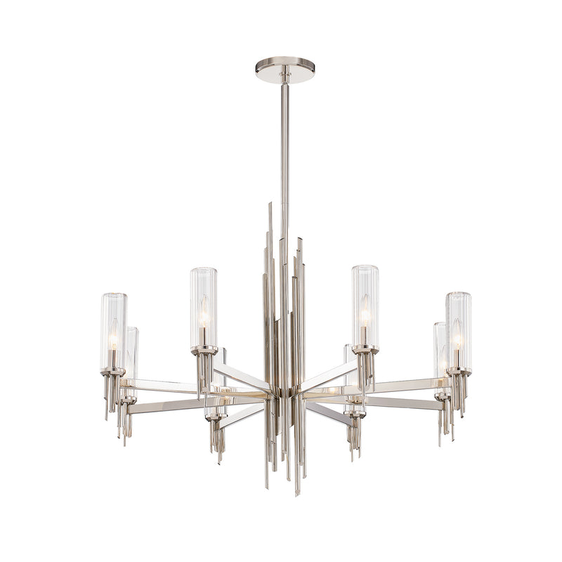 Alora CH335836PNCR Eight Light Chandelier, Polished Nickel/Ribbed Glass
