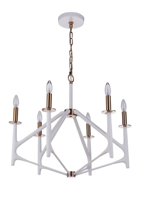 Craftmade 55526-MWWSB Six Light Chandelier, Matte White / Satin Brass