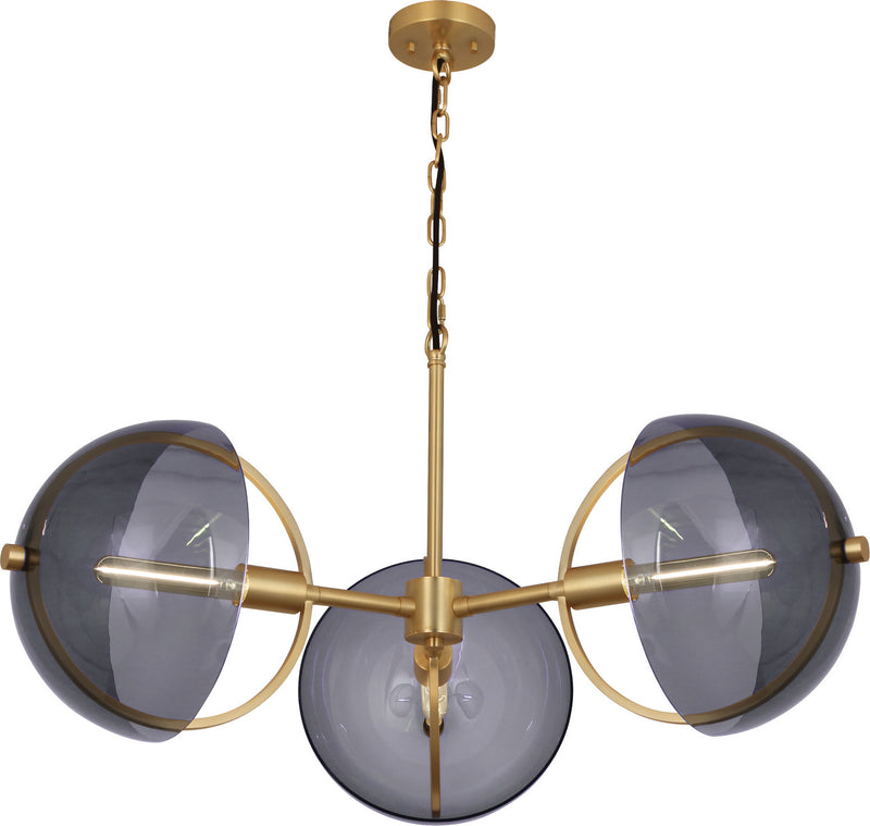Robert Abbey 603 Three Light Chandelier, Lacquered Burnished Brass w/Smoked Glass