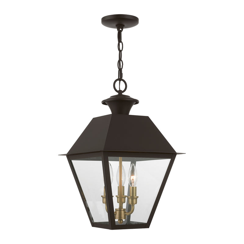 Livex Lighting 27220-07 Three Light Outdoor Pendant, Bronze w/Antique Brass Finish Cluster