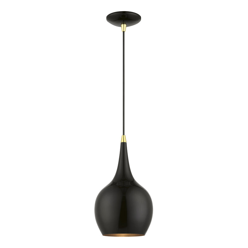 Livex Lighting 49016-68 One Light Mini Pendant, Shiny Black w/Polished Brass