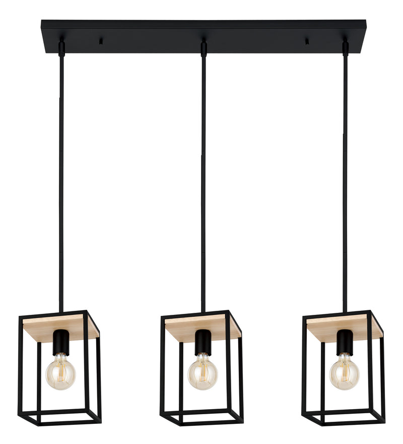 Eglo USA 99855A Three Light Linear Pendant, Structured Black & Natural Wood