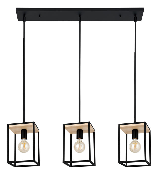 Eglo USA 99855A Three Light Linear Pendant, Structured Black & Natural Wood