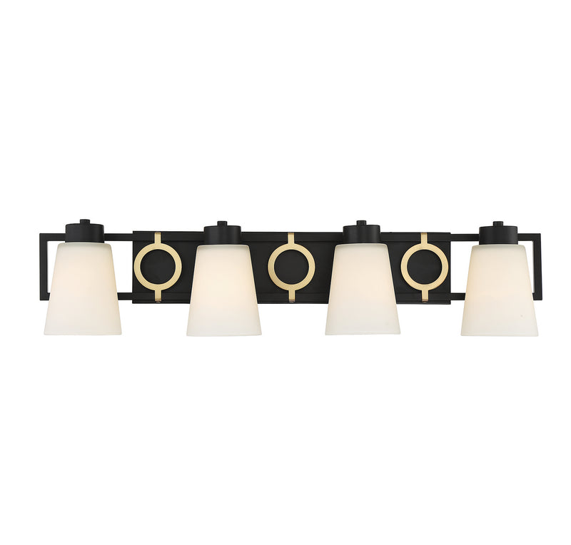 Lighting One E V6-L8-4450-4-143 Four Light Bathroom Vanity, Matte Black w/ Warm Brass