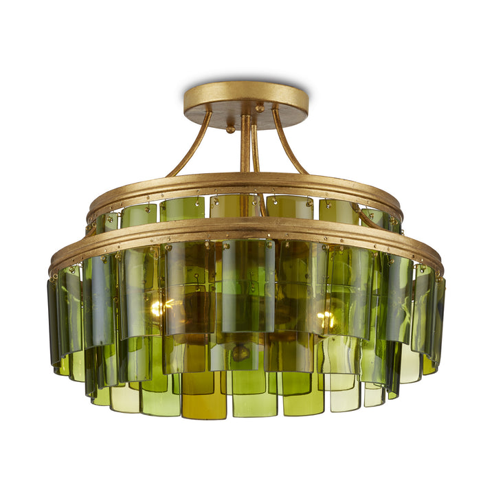 Currey and Company 9000-0984 Three Light Semi-Flush Mount, Contemporary Gold Leaf/Green
