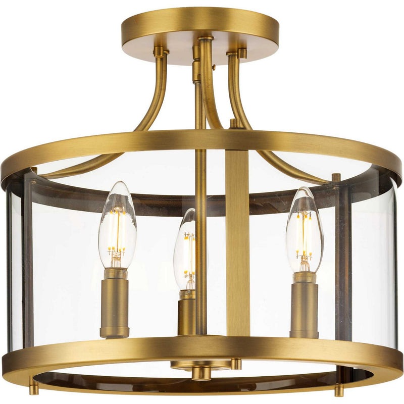 Progress Lighting P350231-163 Three Light Semi Flush Mount, Vintage Brass