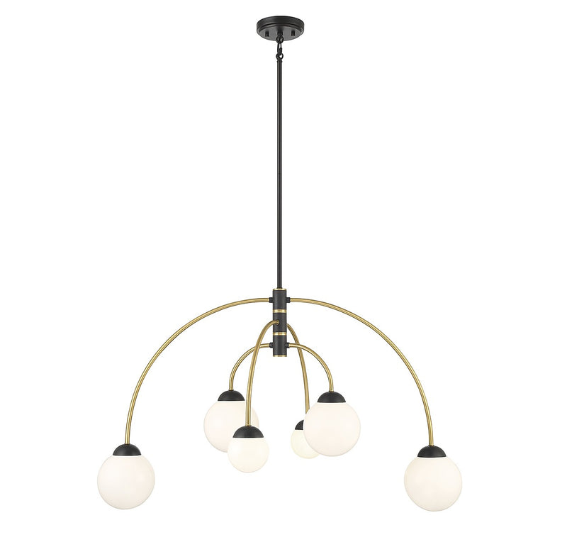Meridian M100114MBKNB Six Light Chandelier, Matte Black with Natural Brass