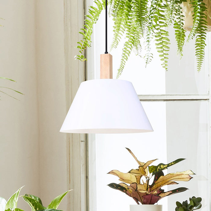 Canarm IPL1124A01BWW One Light Pendant, Matte Black, Matte White, And Real Wood