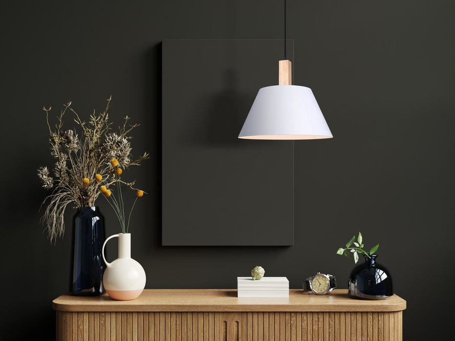 Canarm IPL1124A01BWW One Light Pendant, Matte Black, Matte White, And Real Wood
