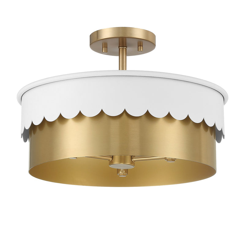 Meridian M60072WHNB Three Light Semi-Flush Mount, White and Natural Brass