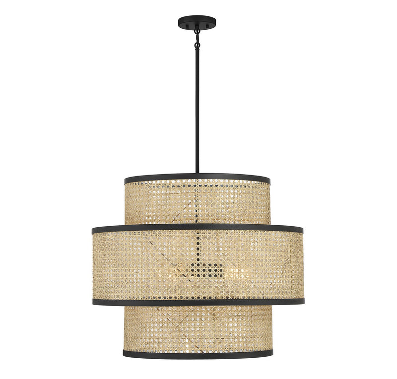 Meridian M7016MBK Three Light Pendant, Natural Cane with Matte Black