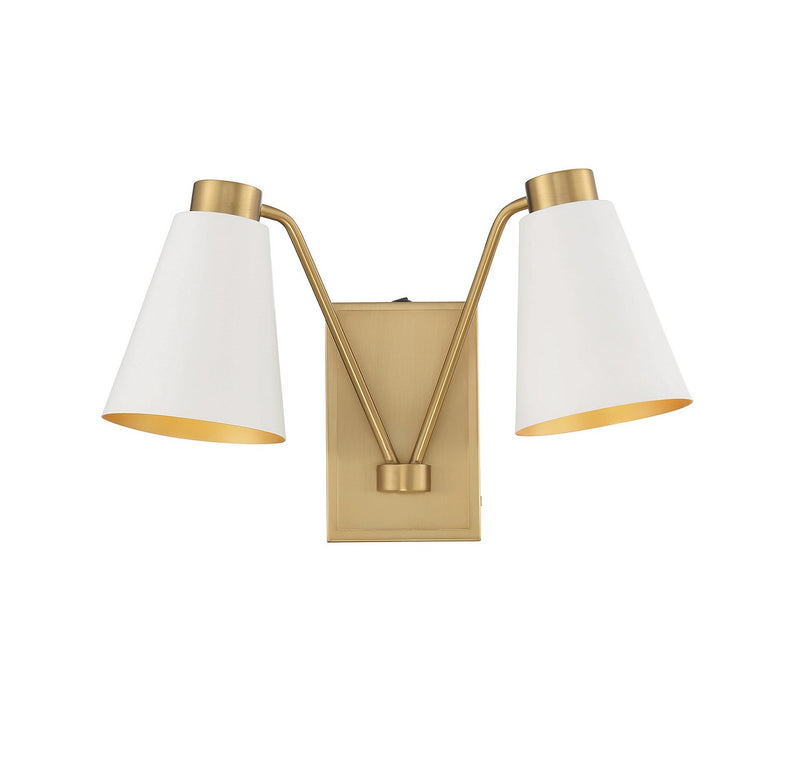Meridian M90076WHNB Two Light Wall Sconce, White with Natural Brass