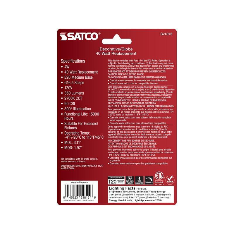 Satco S21815 Light Bulb, Clear