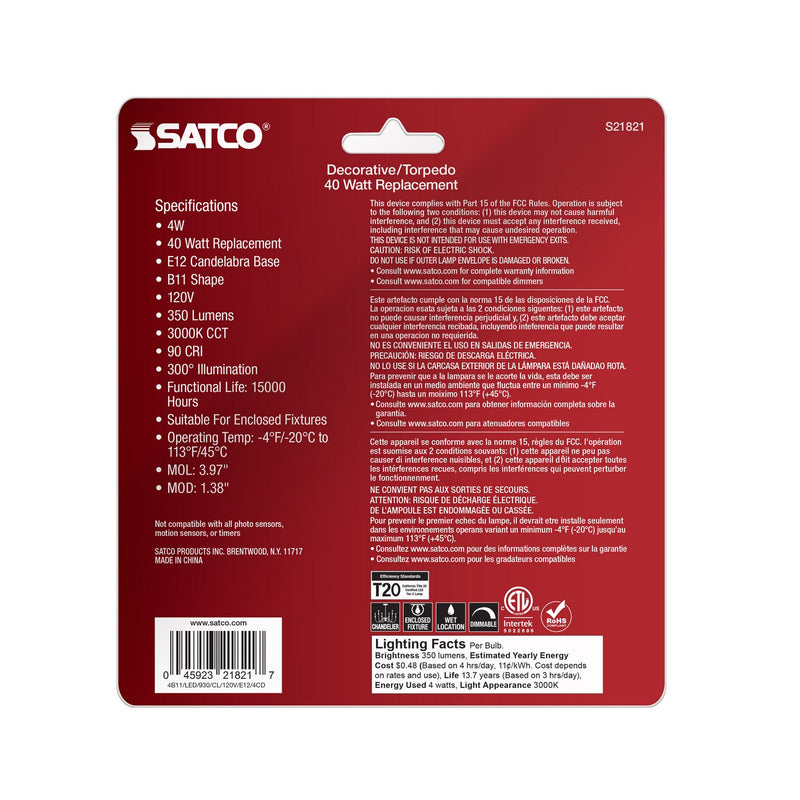 Satco S21821 Light Bulb, Clear