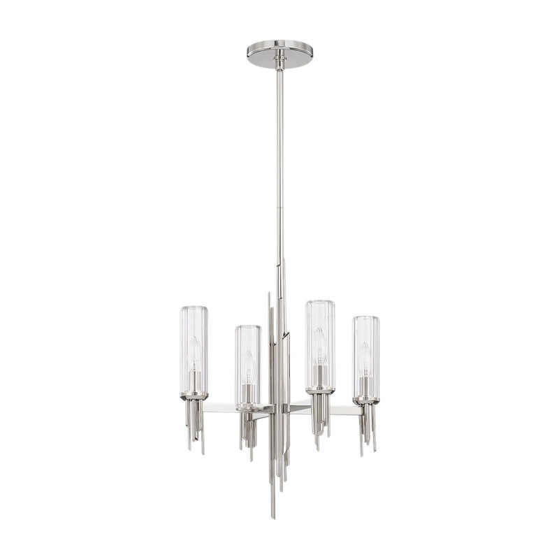 Alora CH335418PNCR Four Light Chandelier, Polished Nickel/Ribbed Glass