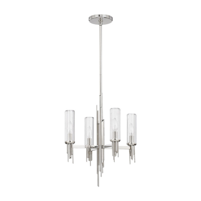 Alora CH335418PNCR Four Light Chandelier, Polished Nickel/Ribbed Glass