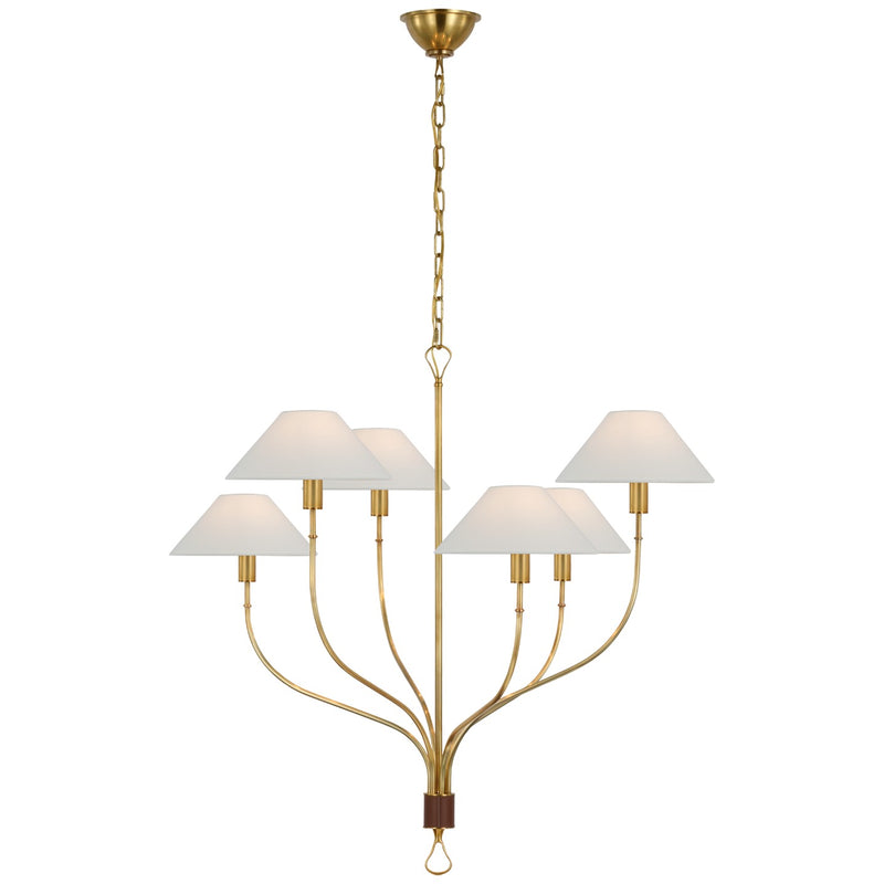 Visual Comfort Signature AL 5002HAB/SDL-L LED Chandelier, Hand-Rubbed Antique Brass and Saddle Leather