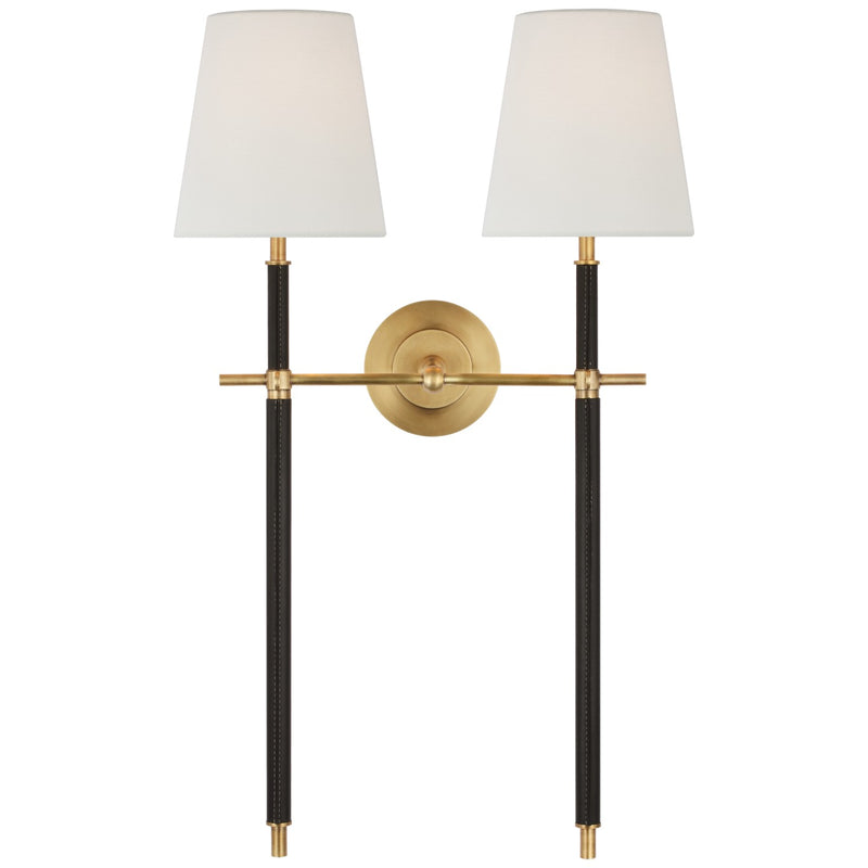 Visual Comfort Signature TOB 2584HAB/CHC-L LED Wall Sconce, Hand-Rubbed Antique Brass and Chocolate Leather